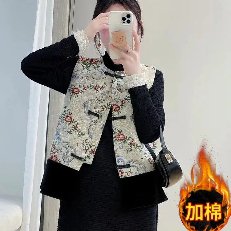 【加棉款】新中式复古提花马甲百搭气质盘扣中国风马夹拼接立领马甲