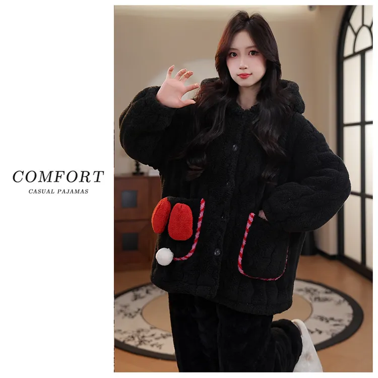 【加加加厚-更保暖】三层夹棉女士睡衣保暖加绒加厚休闲家居服套装
