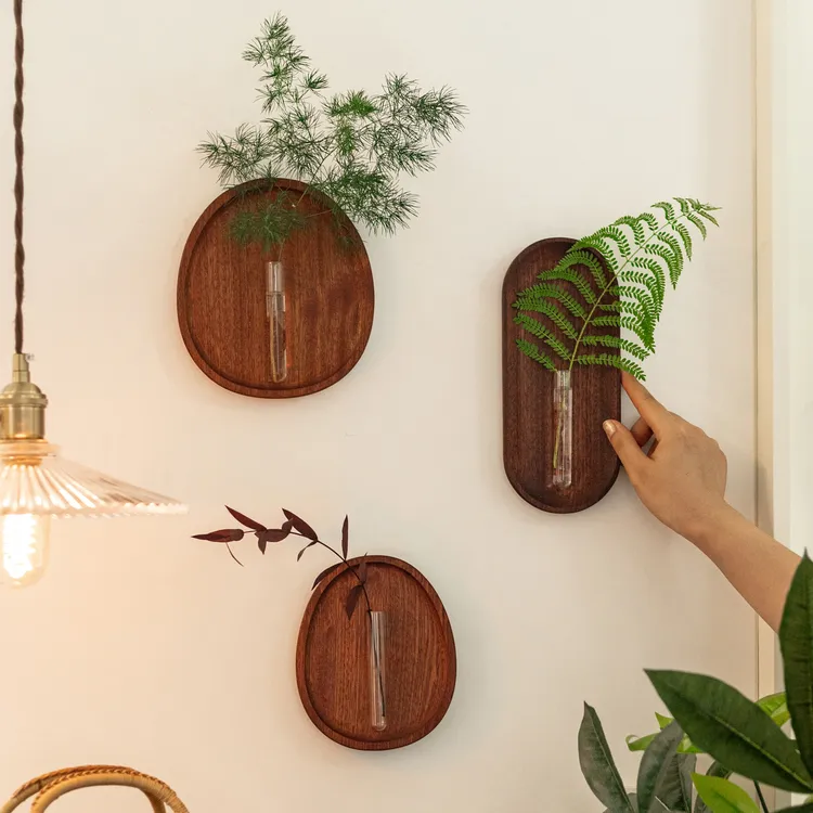 中式实木玻璃复古花器墙上装饰创意家用木托花瓶禅意民宿壁饰木制