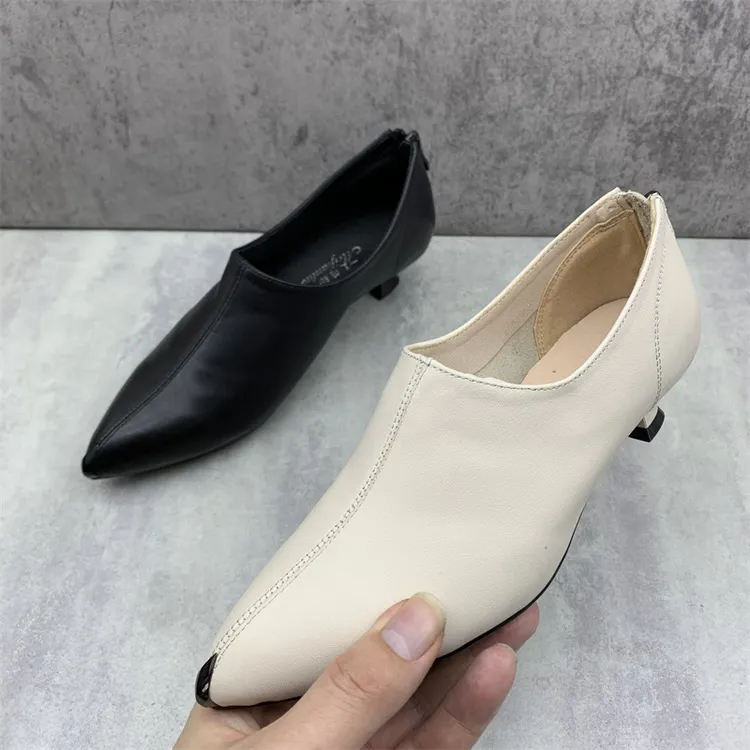 真皮深口皮鞋细跟低跟百搭尖头法式小香风单鞋高跟跟鞋拉链女单鞋