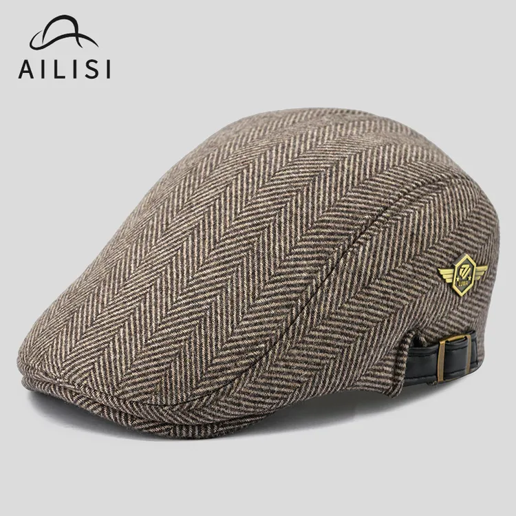 冬季保暖贝雷帽男款大头围欧版大号鸭舌帽加厚绒羊毛呢条纹前进帽