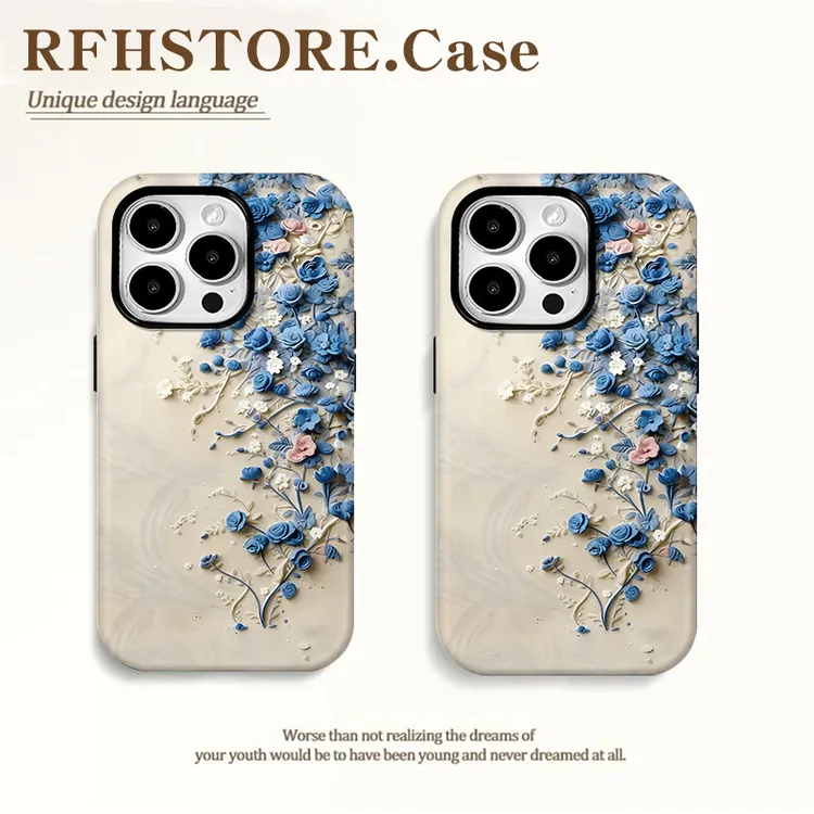 高级艺术蓝色壁花适用iPhone17/16pro菲林手机壳华为vivo小米oppo