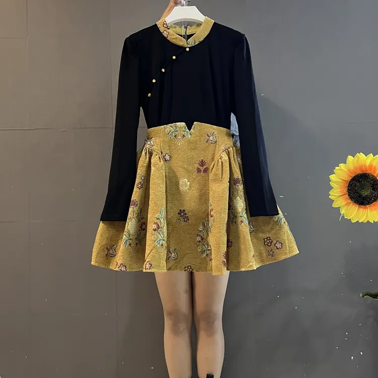 新中式国风提花拼接气质显瘦假两件复古连衣裙