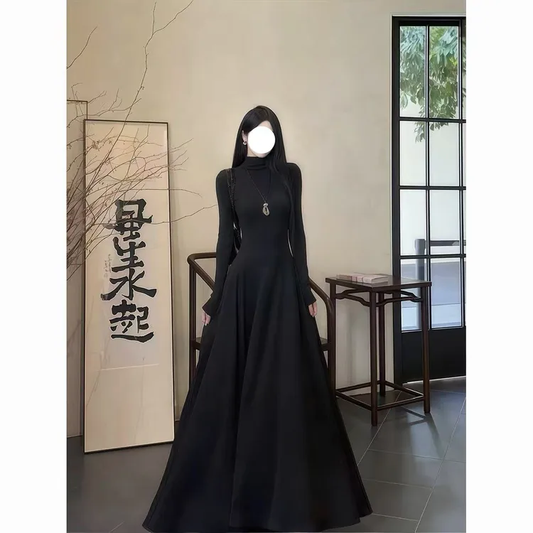 复古高级冬款感磨毛高领黑色长袖质感收腰显瘦高雅连衣长裙W25423