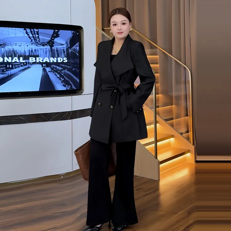 花菜大码女装高级感轻奢秋冬收腰翻领西装风衣外套胖mm中长款大衣