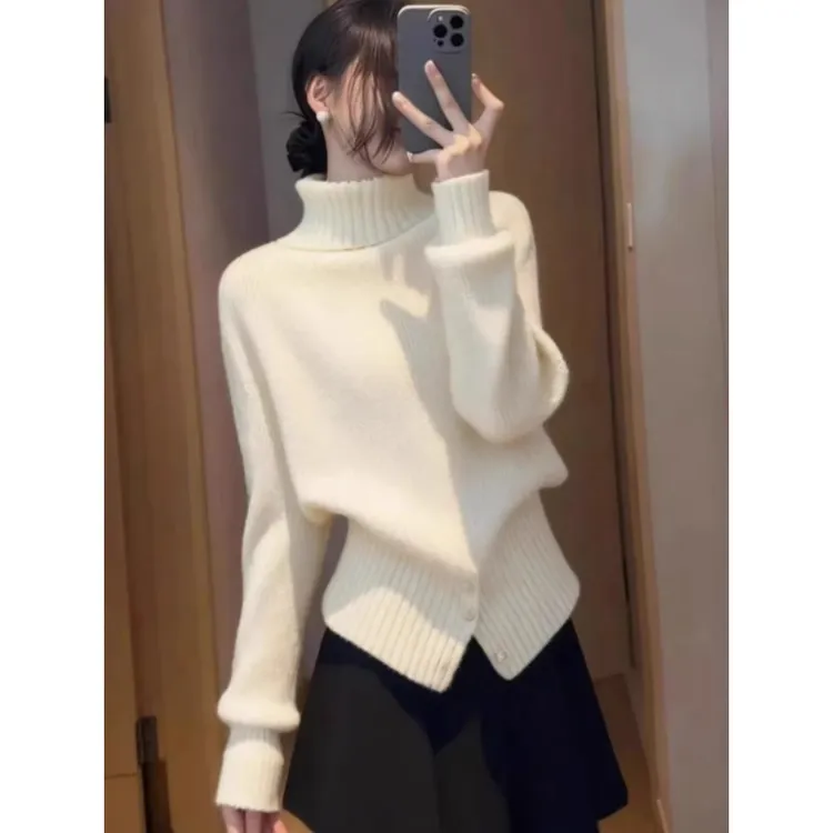 欧货休闲简约纯色长袖针织衫上衣2025冬季慵懒风百搭宽松高领毛衣