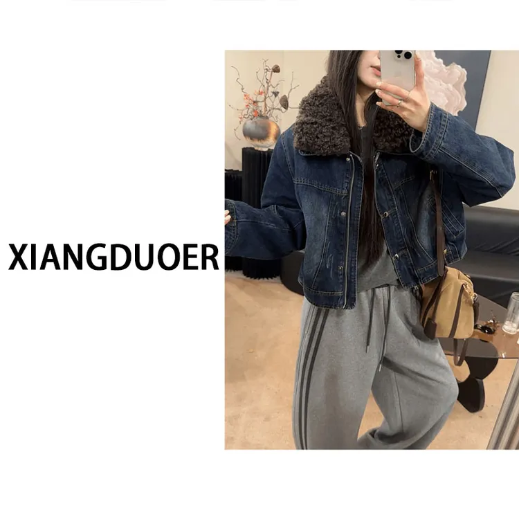 时尚高级设计感翻领牛仔女冬季2026新款加厚保暖短外套