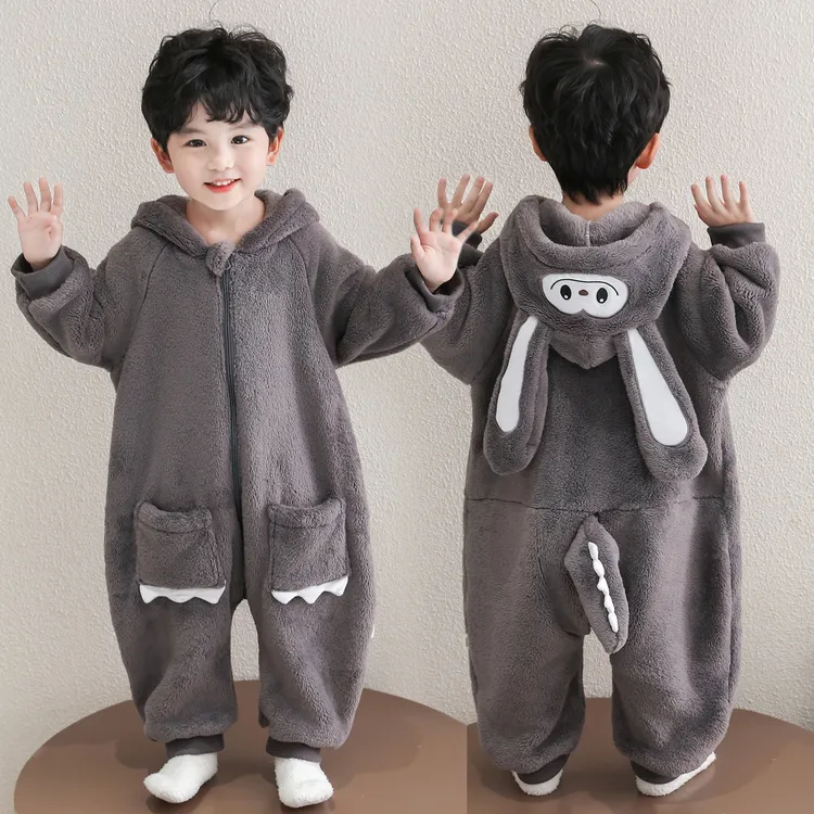 男童加厚珊瑚绒连体睡衣冬季新款爬服儿童法兰绒男宝保暖卡通睡袋