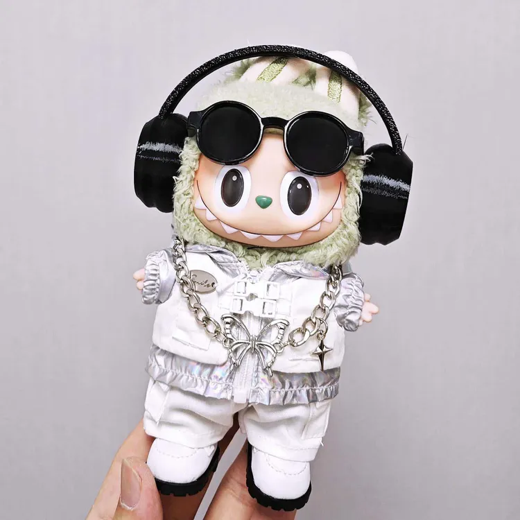 labubu衣服银色假两件套风衣鞋子套装适合15cm17cm拉布布一二三代