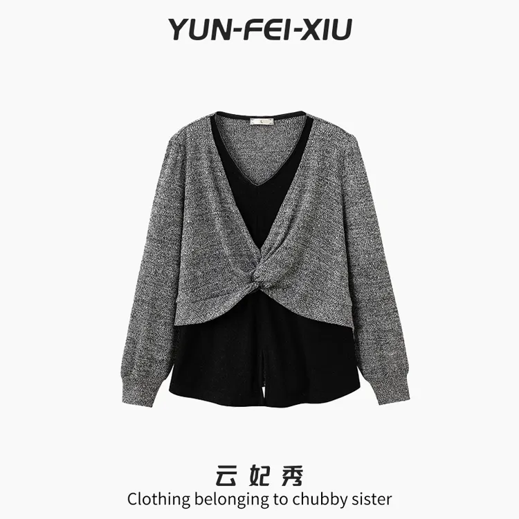云妃秀大码女装针织衫假两件交叉V领时尚宽松显瘦胖妹妹秋季8011