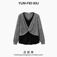 云妃秀大码女装针织衫假两件交叉V领时尚宽松显瘦胖妹妹秋季8011