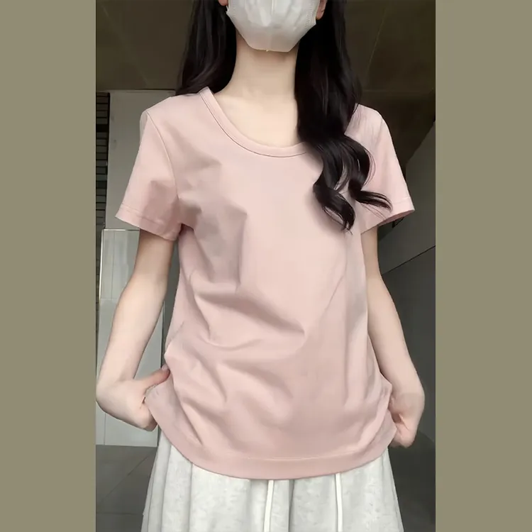 1132-粉色U领宽松短袖T恤女夏2025新款慵懒风百搭休闲纯色半袖棉
