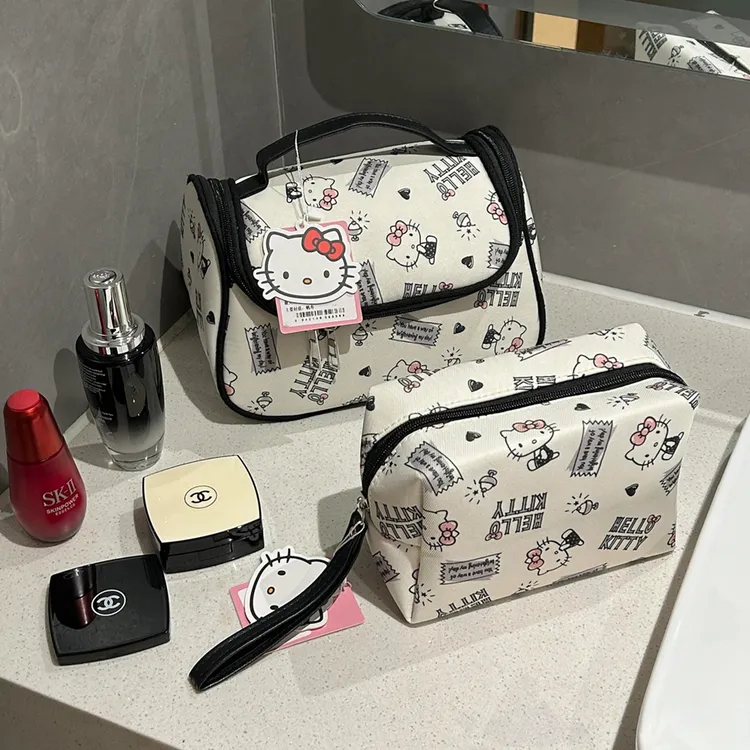 新款kt猫化妆包女国庆旅游便携高级黑色大容量洗漱收纳包收纳盒