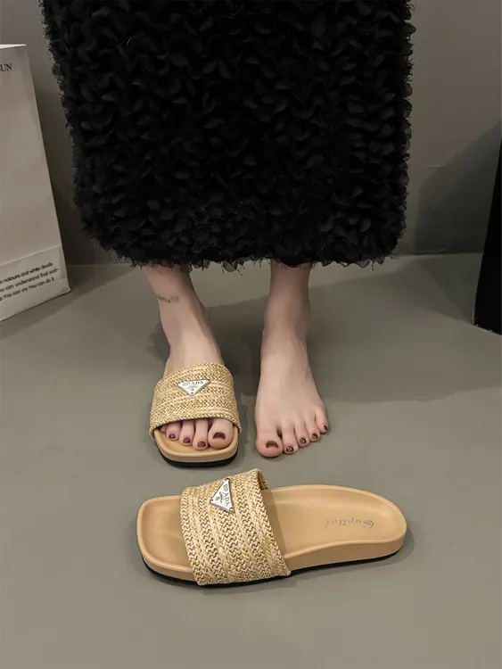 亚麻编织拖鞋女夏外穿2025新款不累脚厚底配裙子休闲欧货方头凉拖