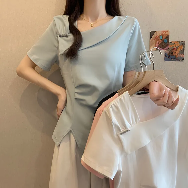 大码女装2025夏季新款斜领褶皱抽绳收腰短袖T恤胖mm修身显瘦上衣