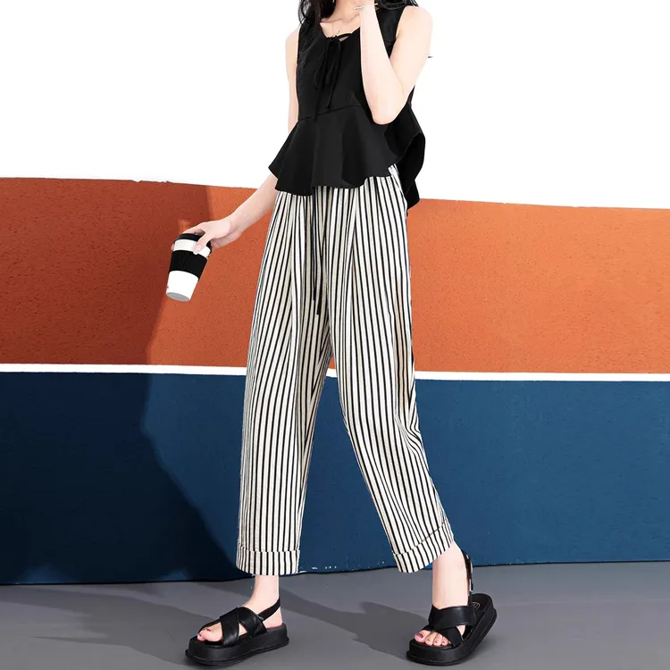 气质出众~~黑白条纹卷边休闲哈伦裤女夏季小个子九分小脚萝卜裤