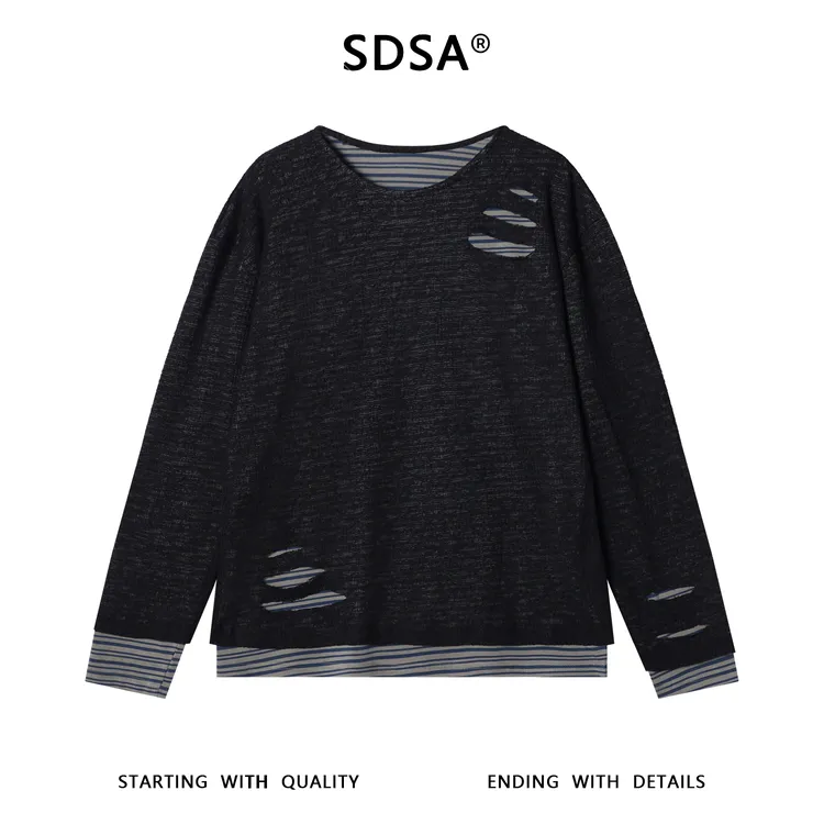 SDSA秋冬新款痞帅男装韩版撞色条纹破洞假两件圆领长袖T恤百搭