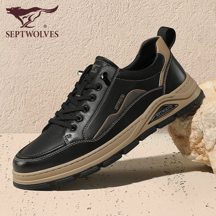七匹狼男士鞋子运动鞋秋季新款透气黑色板鞋男时尚防水防滑真皮鞋