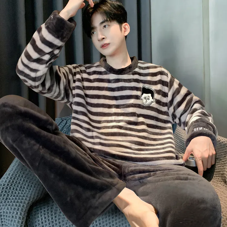 珊瑚绒睡衣男款秋冬季圆领加绒加厚青少年男学生可外穿家居服套装