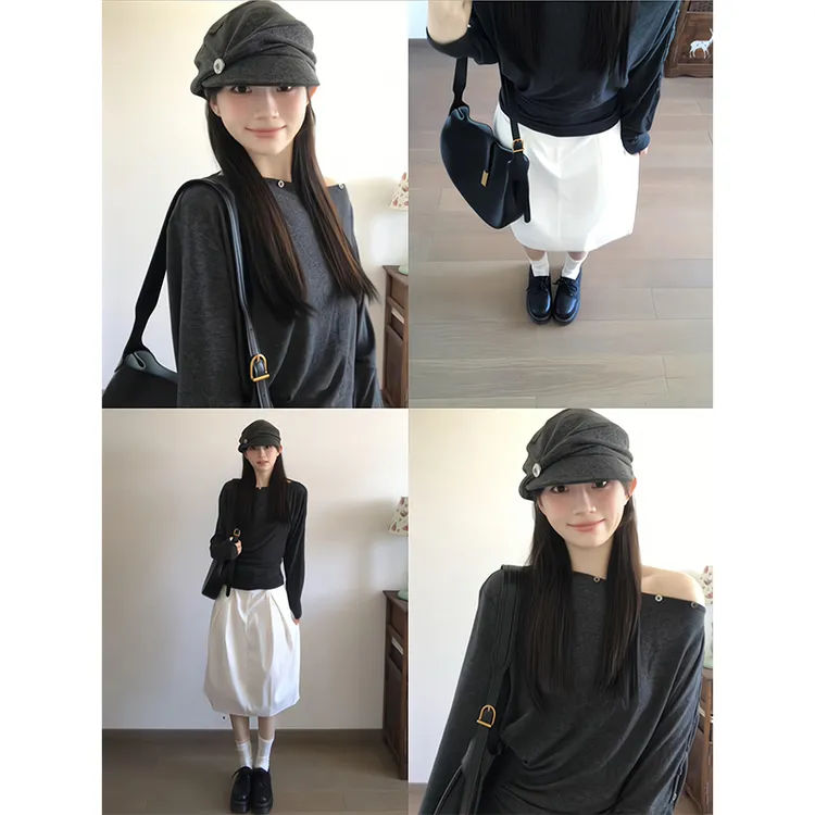 2025新款女士早秋季温柔气质露肩长袖T恤收腰显瘦上衣高腰半身裙