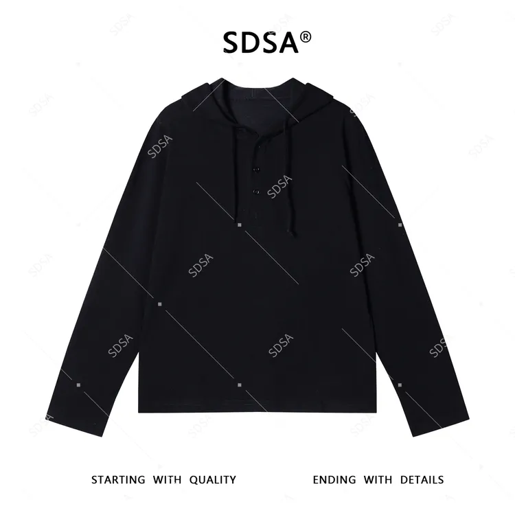 SDSA秋季高级感新款男士纯色半纽扣连帽抽绳长袖T恤宽松百搭上衣