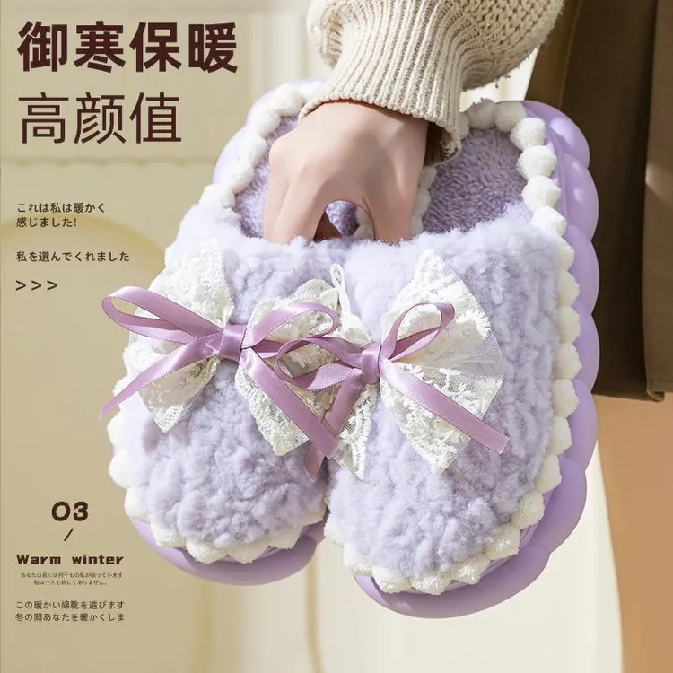 潮走蝴蝶结棉拖鞋女士秋冬季天2025新款保暖防滑室内家居厚底毛毛