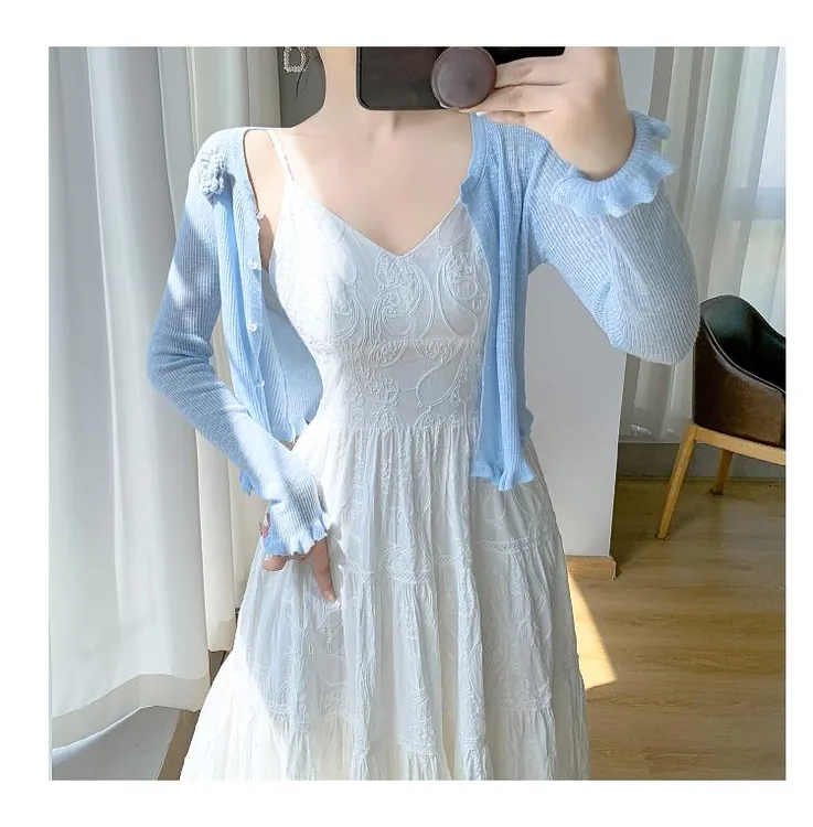 绝美法式白色吊带连衣裙女夏季温柔风甜美气质收腰显瘦v领度假裙