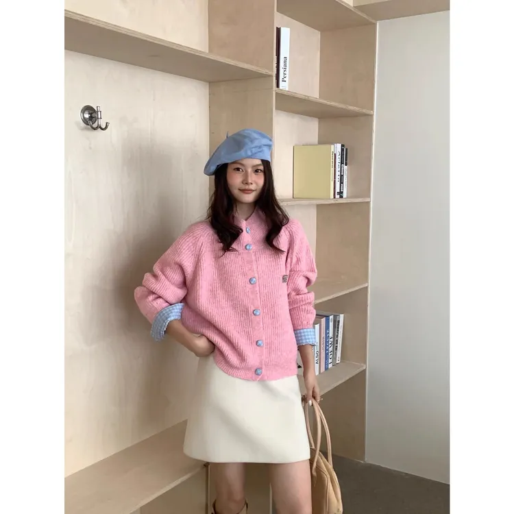 拼色袖子韩系复古灰色翻领长袖针织开衫女春秋慵懒宽松显瘦毛衣
