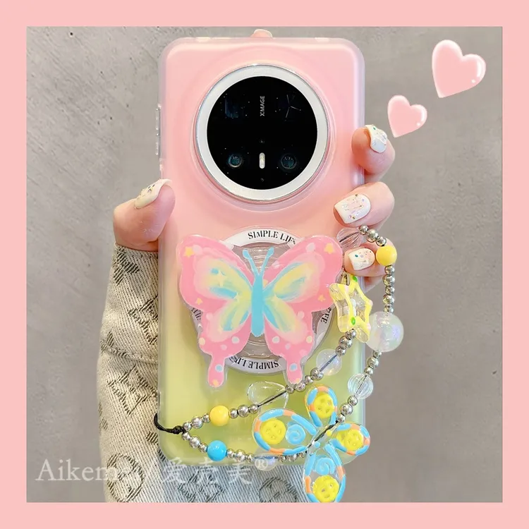 适用华为mate70pro+手机壳春日渐变晕染mate60pro+蝴蝶磁吸支架女