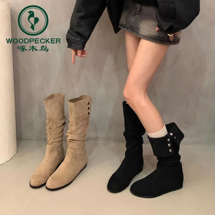 啄木鸟圆头两穿堆堆靴显瘦西部牛仔靴低跟复古不过膝高筒骑士靴女
