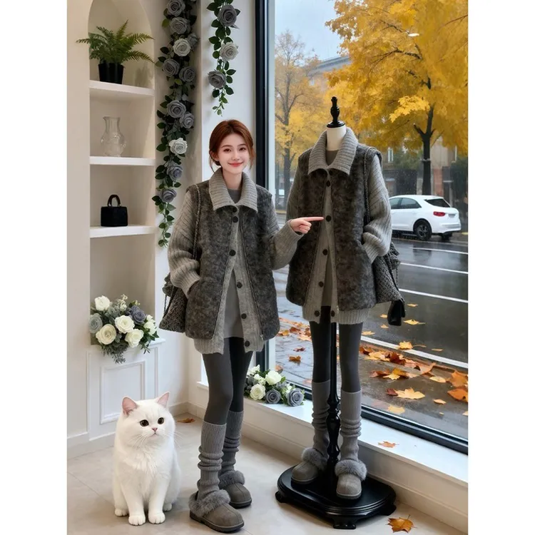 2025新款秋冬穿搭一整套韩系慵懒风针织毛衣外套无袖马甲背心套装