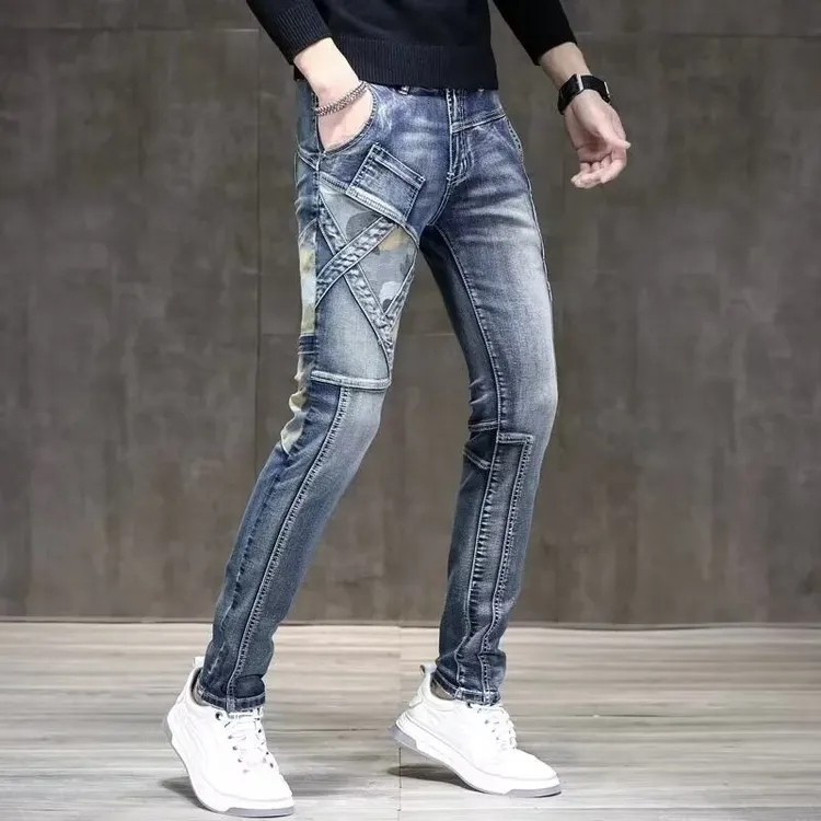 夏季怀旧时尚牛仔裤男修身小脚欧美风弹力长裤男拼接机车做旧长裤