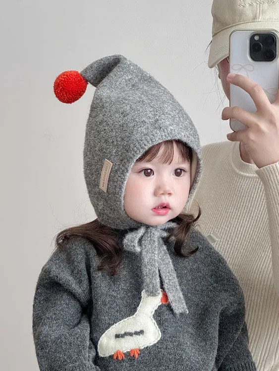 儿童帽子冬天毛线帽韩版洋气尖顶针织护耳帽男女宝宝加厚保暖防风