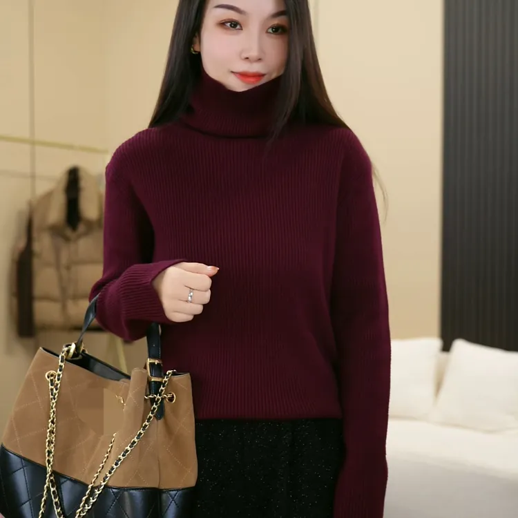 3480新款高领毛衣女秋冬慵懒风套头坑条毛衣内搭打底