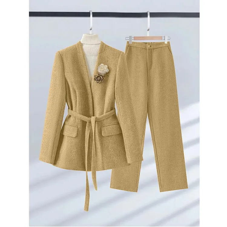 【两件套】【有里布】【送腰带】【送胸花】外套+裤子春套装QJ0109