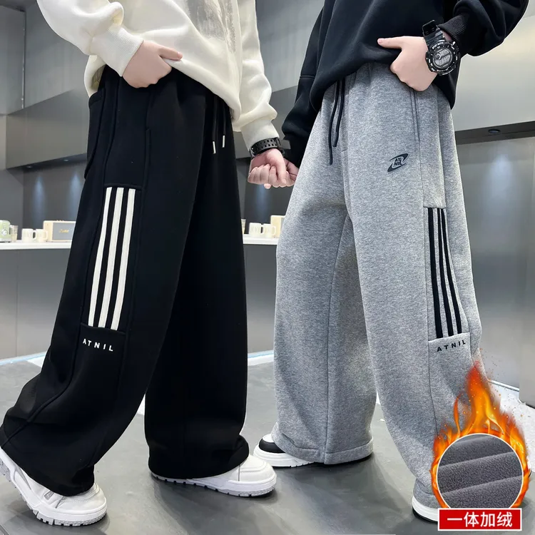 男童冬装一体加绒运动裤子2025新款中大童秋冬季男孩加厚休闲卫裤