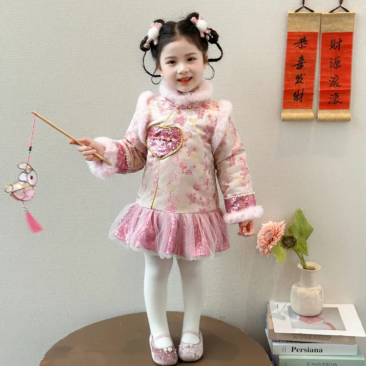 女童国风连衣裙套装秋冬季宝宝拜年服公主裙儿童夹棉旗袍蓬蓬裙子