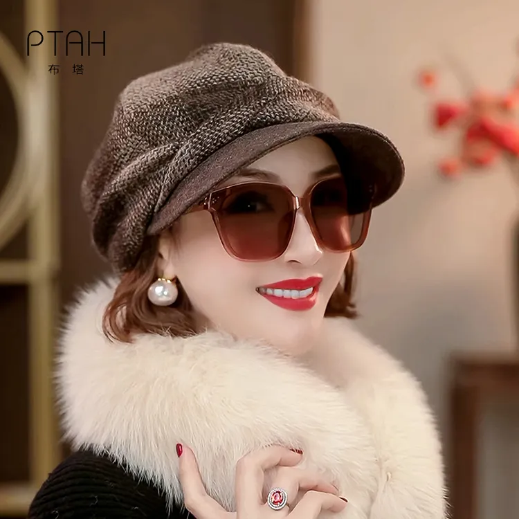 保暖羊毛护耳帽复古格纹贝雷帽女款2025新款爆款秋冬画家帽子0804