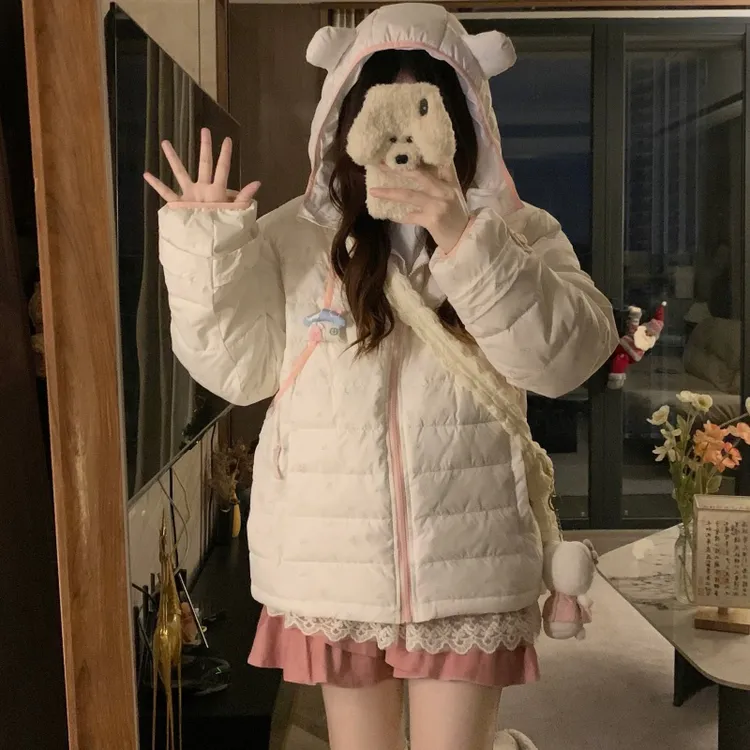 大码日系奶fufu小熊连帽棉服外套女冬季胖mm宽松夹棉保暖遮肉外套