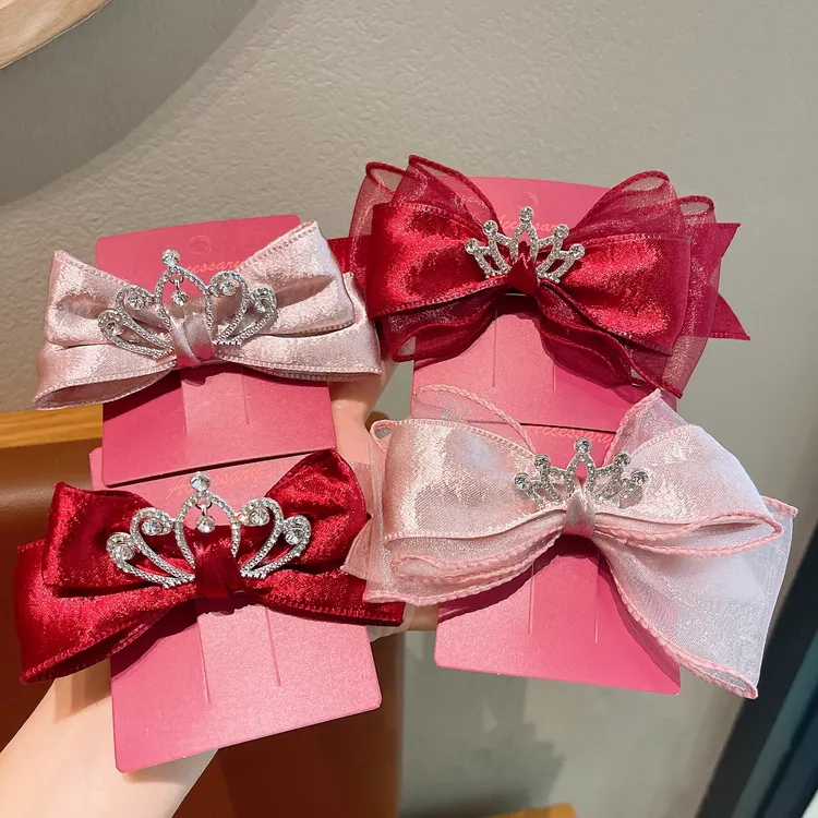 儿童头发饰新年立体皇冠丝绒网纱蝴蝶结发夹可爱公主发卡女孩顶夹