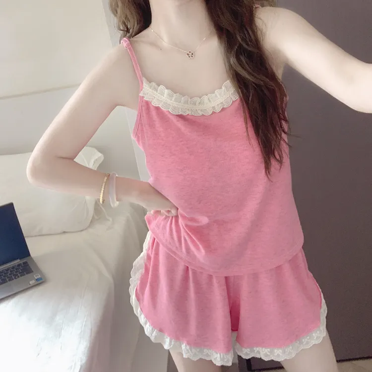 【带胸垫一体】吊带短裤睡衣女夏季2025新款雪花彩棉花边家居服套装