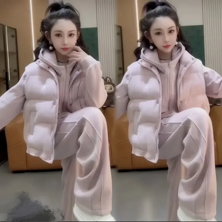 秋冬加绒加厚开衫外套马甲阔腿裤套装时尚洋气休闲百搭宽松三件套