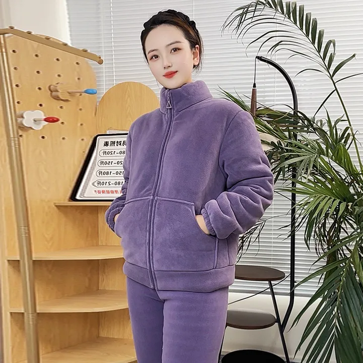 一套过冬三层加绒加厚奥立绒睡衣休闲情侣拉链立领套装双面宝宝绒