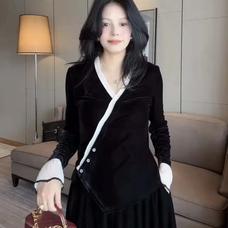 秋季法式破边拼接丝绒名媛风格丝绒女士上衣