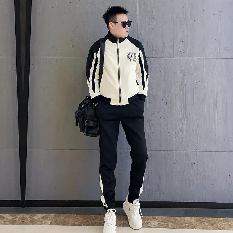 2025男士休闲运动套装春秋新款个性拼接撞色立领外套卫裤搭配一套
