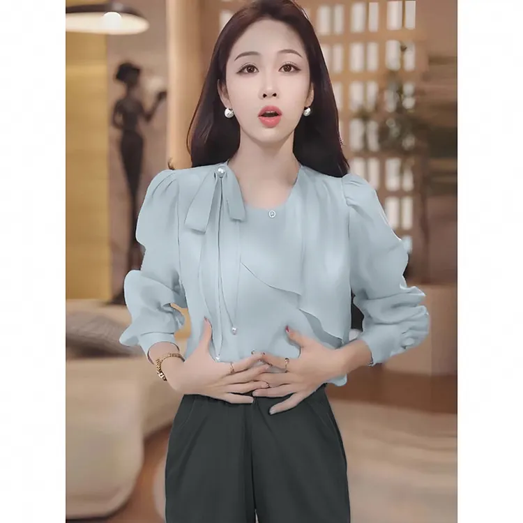 【两件套】小众飘带长袖衬衫女春秋季显瘦气质上衣+裤子套装D3553