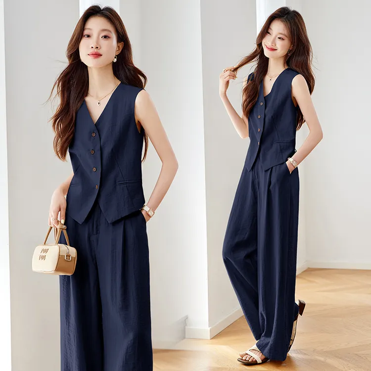 2025夏季新款时尚套装女无袖马甲阔腿裤两件套洋气减龄显瘦一整套