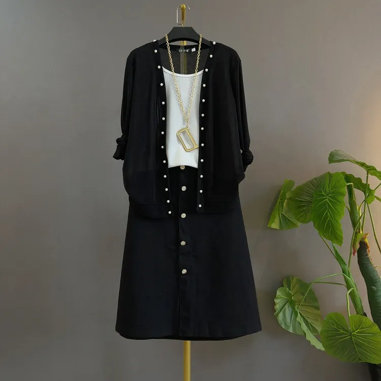 早秋款胖mm时尚钉珠假俩件开衫&短裙遮肉显瘦大码俩件套