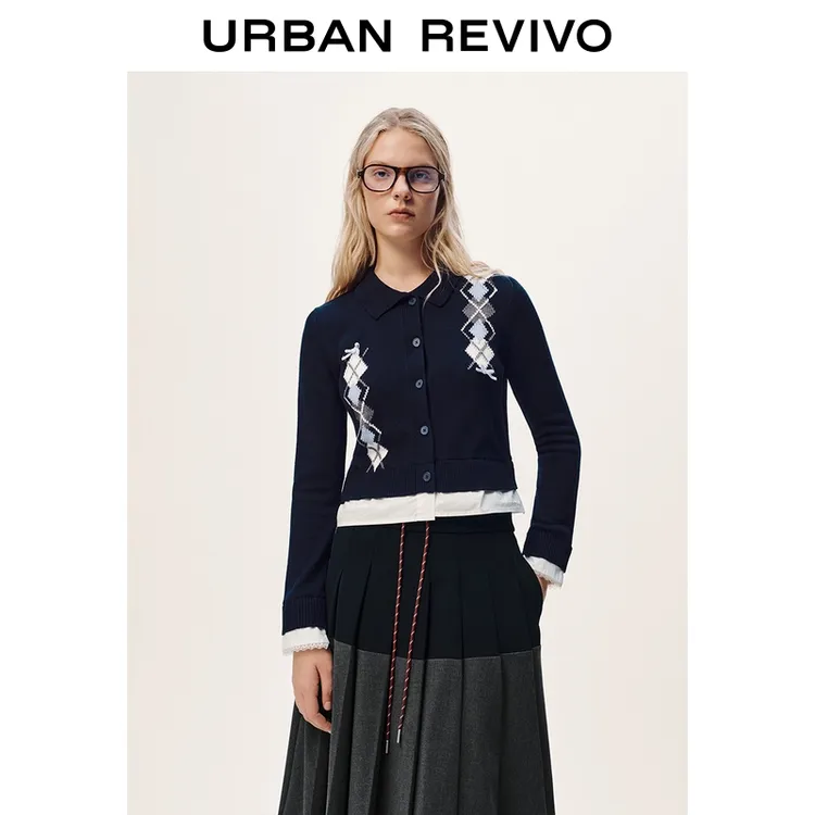 UR2025冬季新款女休闲学院风拼接菱格短款针织开衫UYL950265