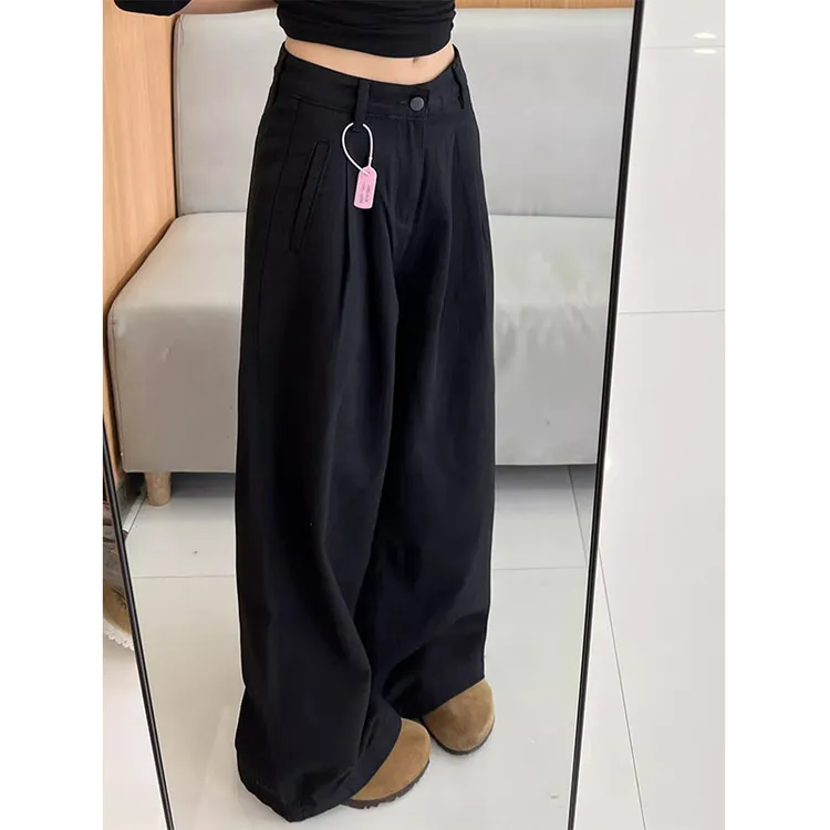肌理感褶皱黑色阔腿牛仔裤女春秋新款高腰宽松显瘦垂感休闲拖地裤